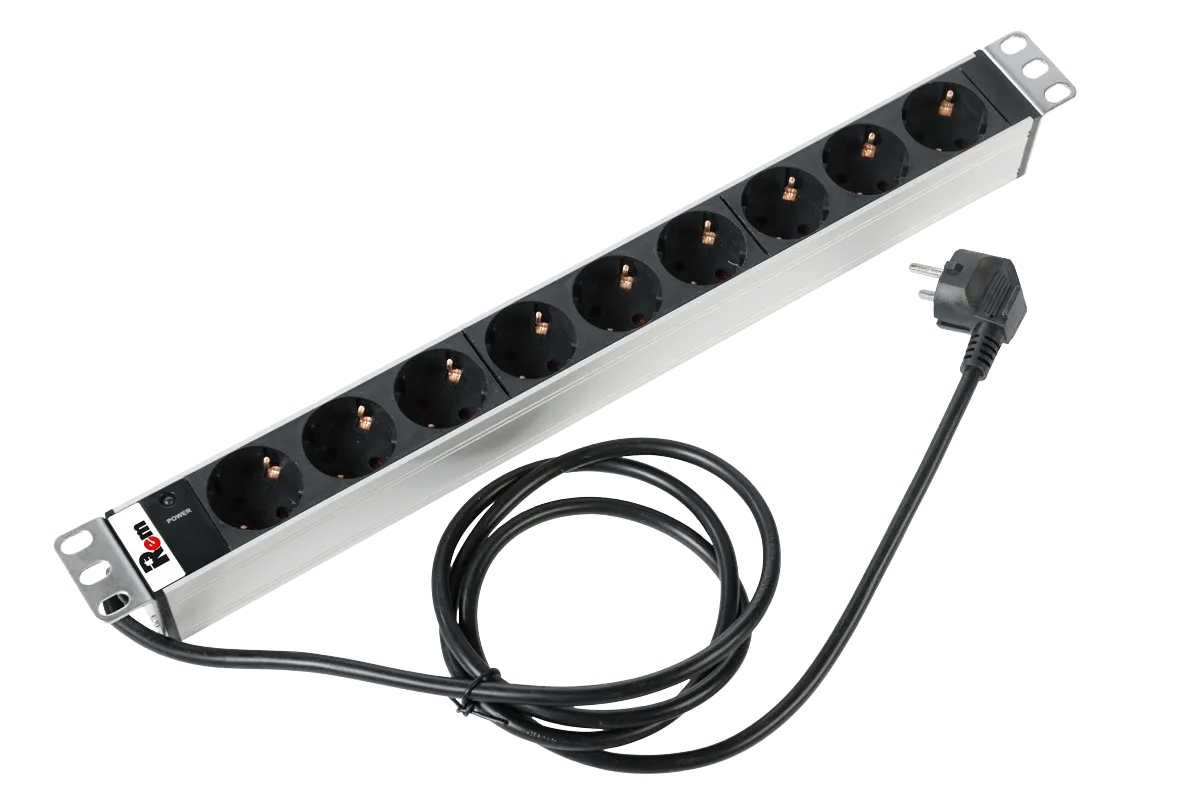 Блок розеток Rem-16 с инд., 9 Schuko, 16A, алюм., 19", шнур 3 м.