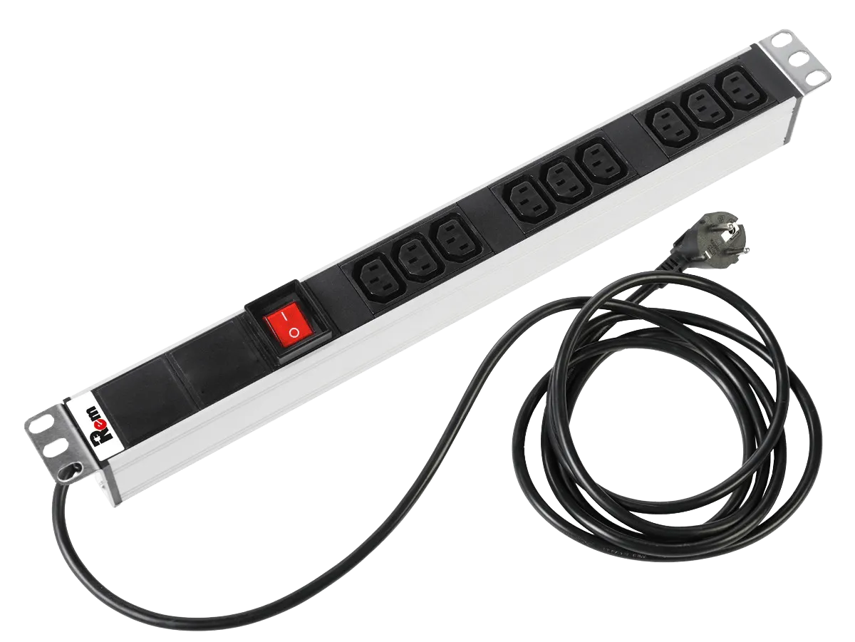 Блок розеток Rem-16 с выкл., 9 IEC 60320 C13, 16A, алюм., 19", шнур 3 м.