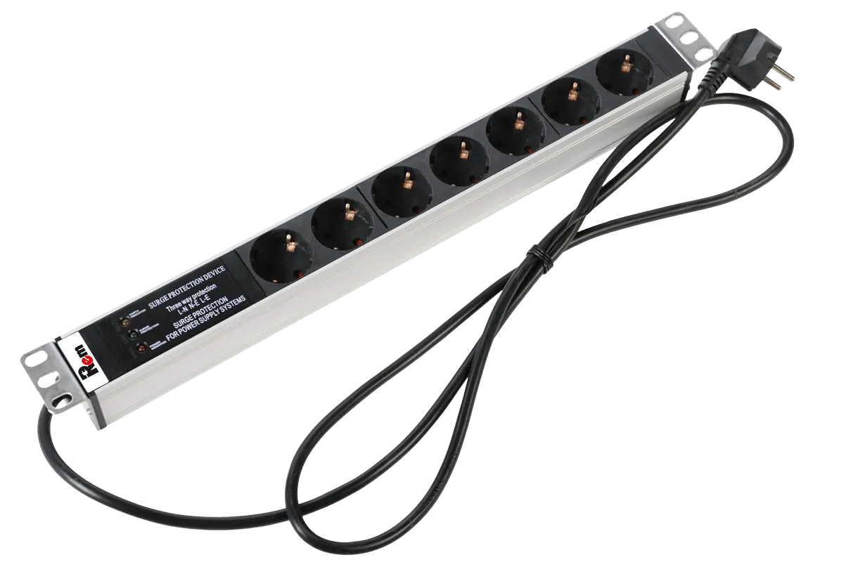 Блок розеток Rem-16 с фил. и инд., 7 Schuko, 16A, алюм., 19", шнур 3 м.