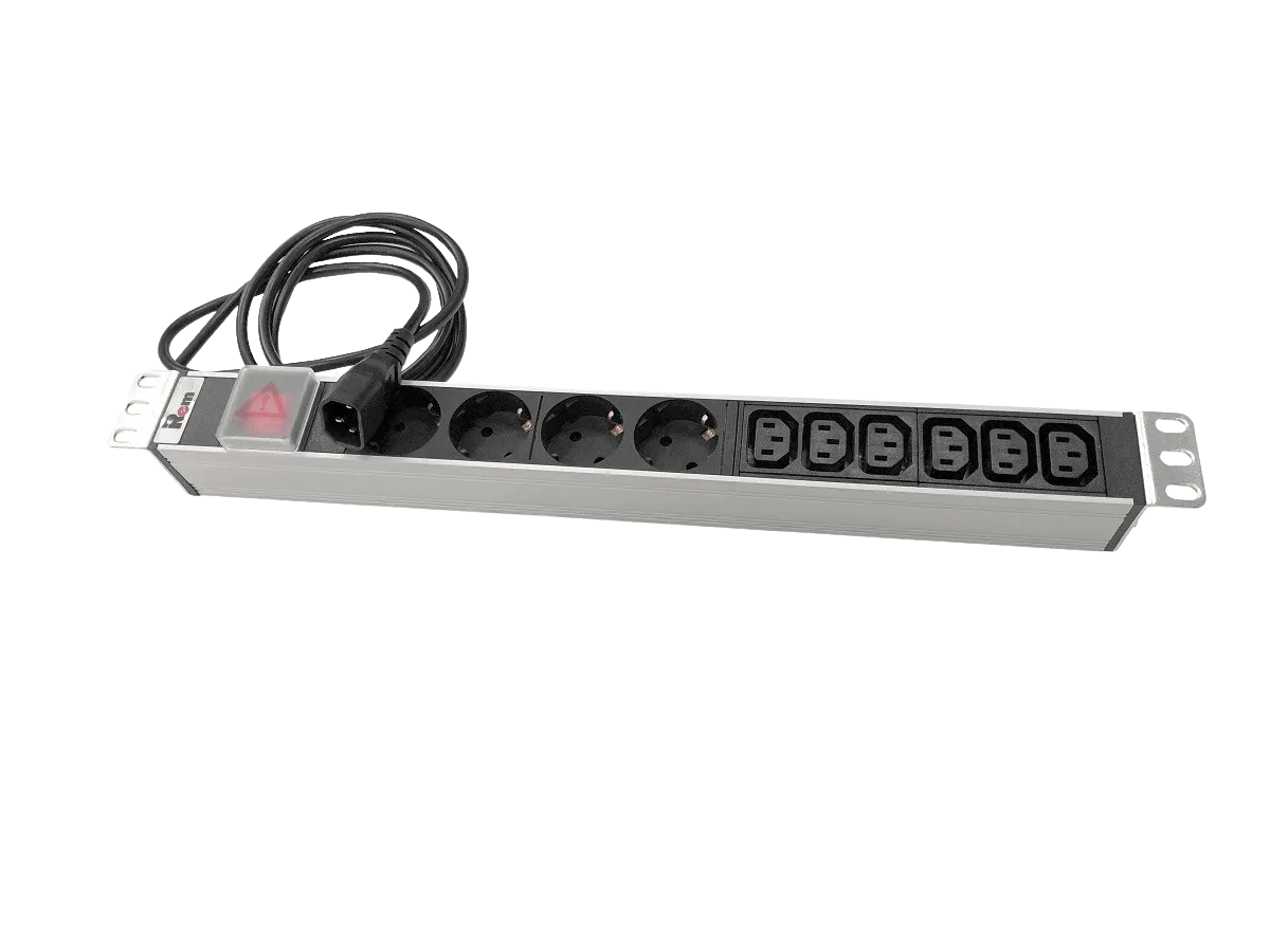 Блок розеток Rem-10 с выкл., 4 Sсhuko, 6 IEC 60320 C13, 10 A, алюм., 19", шнур 1,8 м. IEC 60320 C14