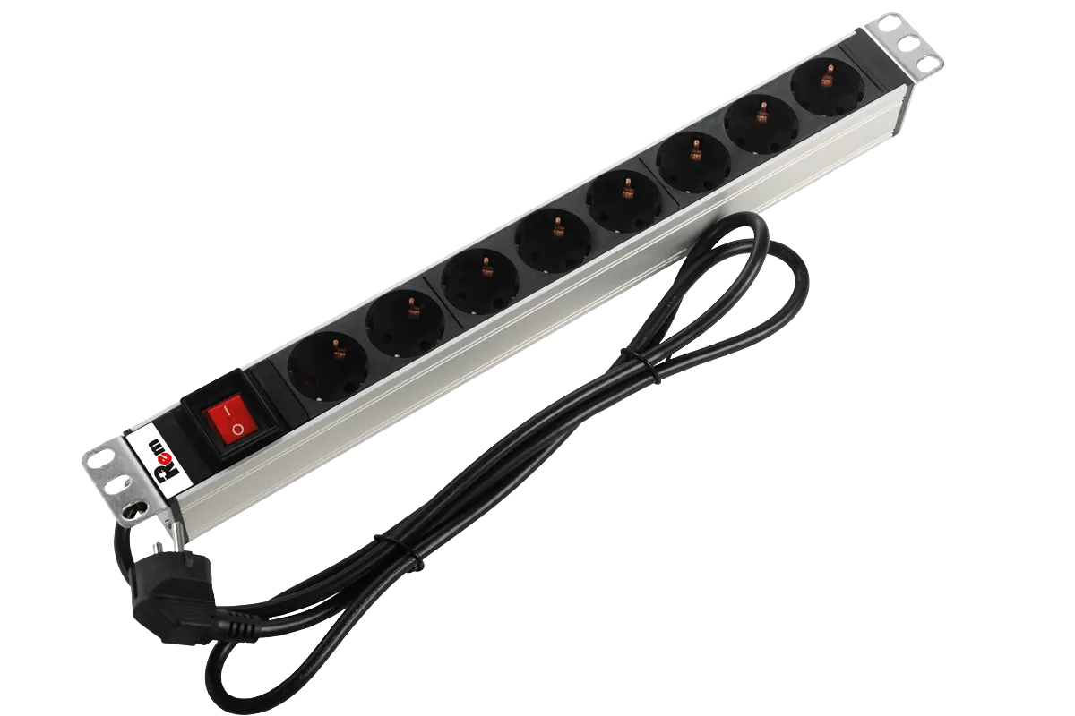 Блок розеток Rem-16 с выкл., 8 Schuko, 16A, алюм., 19", шнур 3 м.
