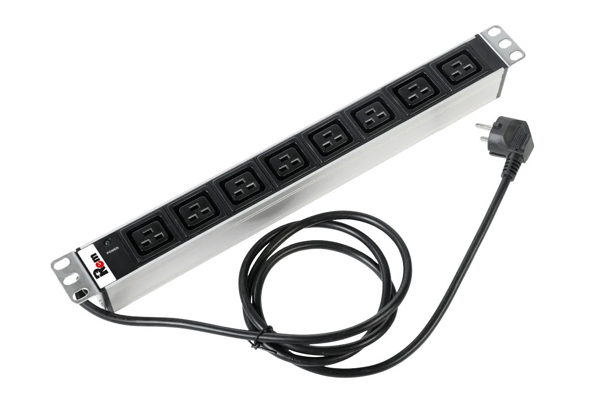 Блок розеток Rem-16 с инд., 8 IEC 60320 C19, 16A, алюм., 19", шнур 3 м.