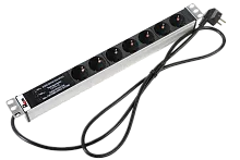 Блок розеток Rem-16 с фил. и инд., 7 Schuko, 16A, алюм., 19", шнур 3 м.