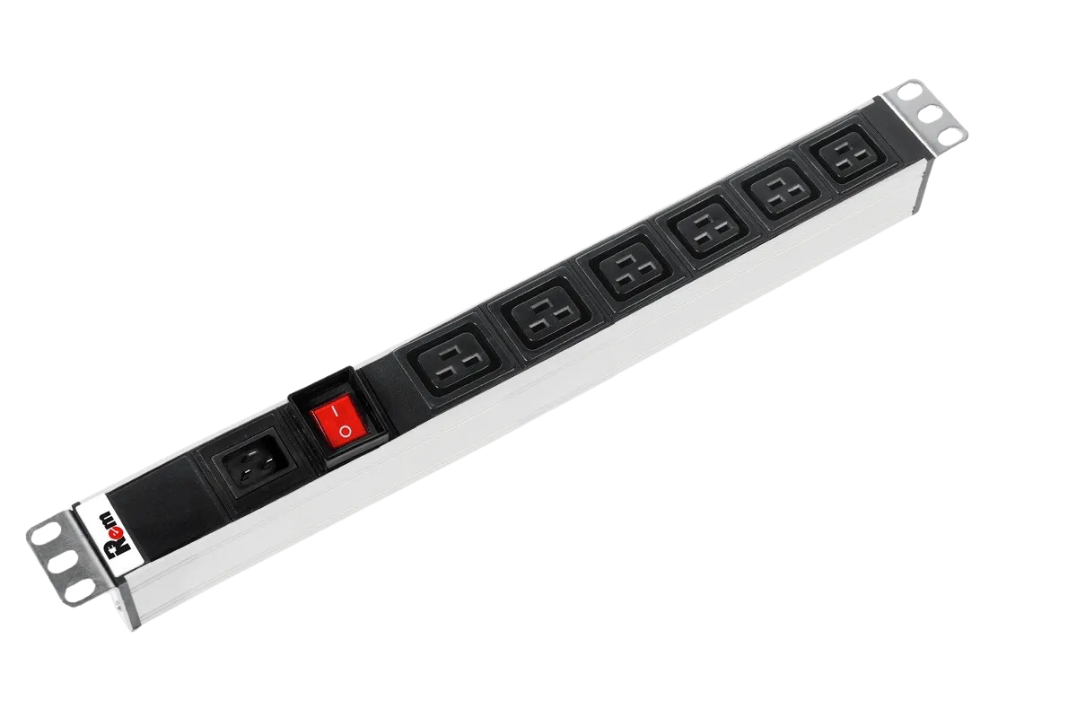 Блок розеток Rem-16 с выкл., 6 IEC 60320 C19, вход IEC 60320 C20, 16A, алюм., 19"