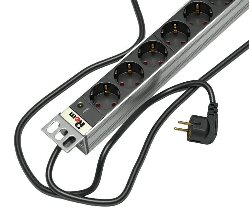 Блок розеток Rem-16 с инд., 9 Schuko, 16A, алюм., 19", шнур 3 м.