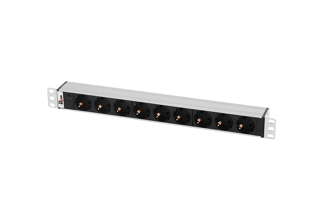 Блок розеток Rem-10 без шнура с инд., 9 Sсhuko, вход IEC 60320 C14, 10A, алюм., 19"