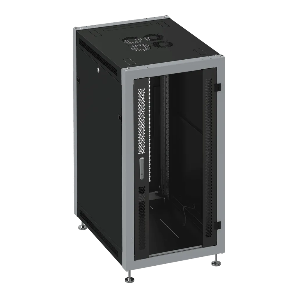 SYSMATRIX SL 6818.914 Шкаф монтажный телекоммуникационный 19" напольный 18U 600x800x935mm (ШхГхВ) передняя дверь стекло, задняя дверь двустворчатая перфорированная, поворотная ручка с замком, цвет черный (RAL 9004/RAL 7000)