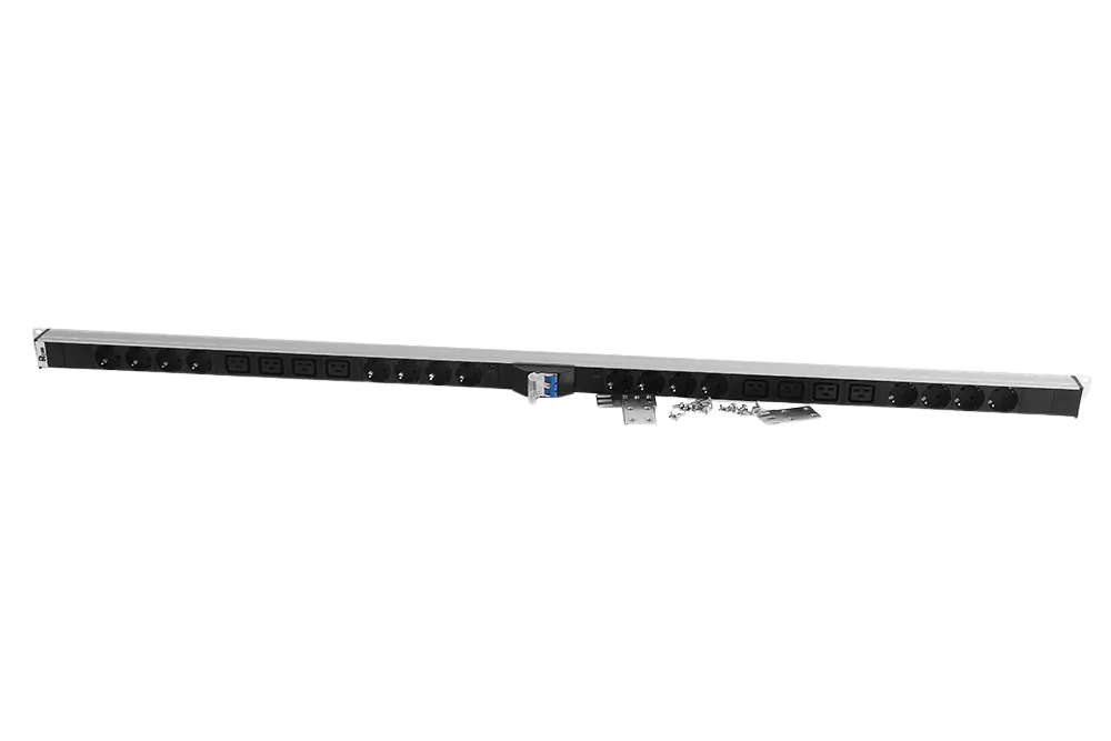 Верт. блок розеток Rem-32 на 2 конт. по 8 Schuko, 4 C19 с авт., инд., 2×16A, алюм., 33-48U, колодка